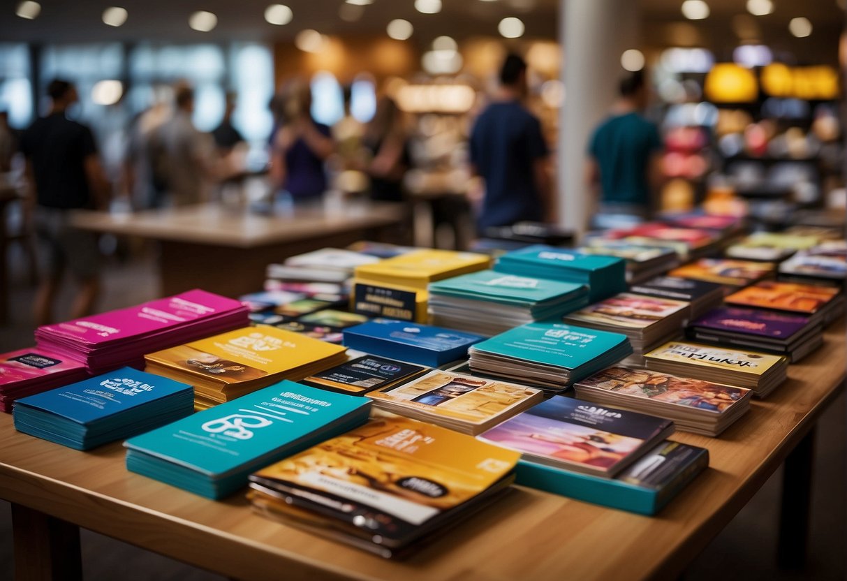 A vibrant display of promotional materials arranged neatly on a table, with eye-catching colors and bold text, surrounded by eager customers browsing and selecting items