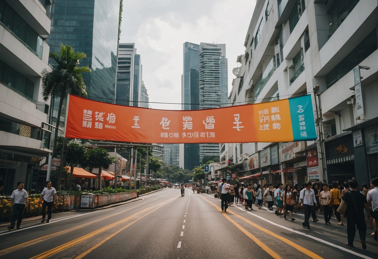 A bustling city street in Singapore, with colorful banners and signs promoting SPH promotions. Tall buildings line the road, and people walk by in a hurry