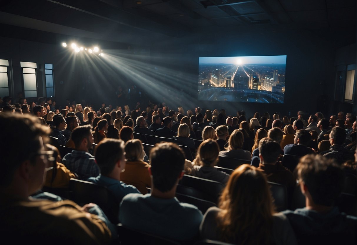A projector displaying promotional content in a dimly lit room with a crowd of people watching
