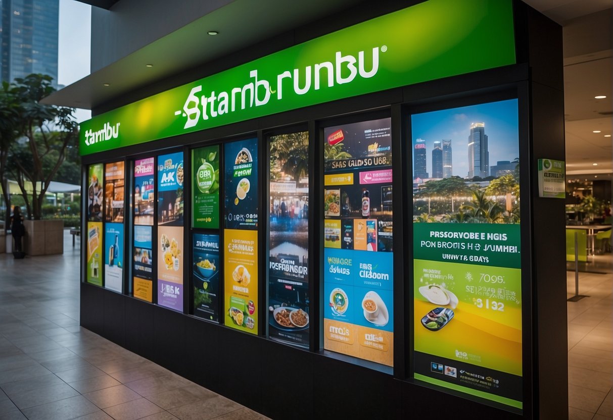 A colorful display of StarHub promotions in Singapore, featuring eye-catching signage and attractive offers