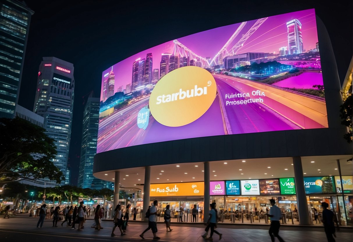 A vibrant cityscape with a prominent StarHub store, showcasing the latest mobile+ plans promotions in Singapore. Bright lights and bustling activity convey a sense of excitement and modernity