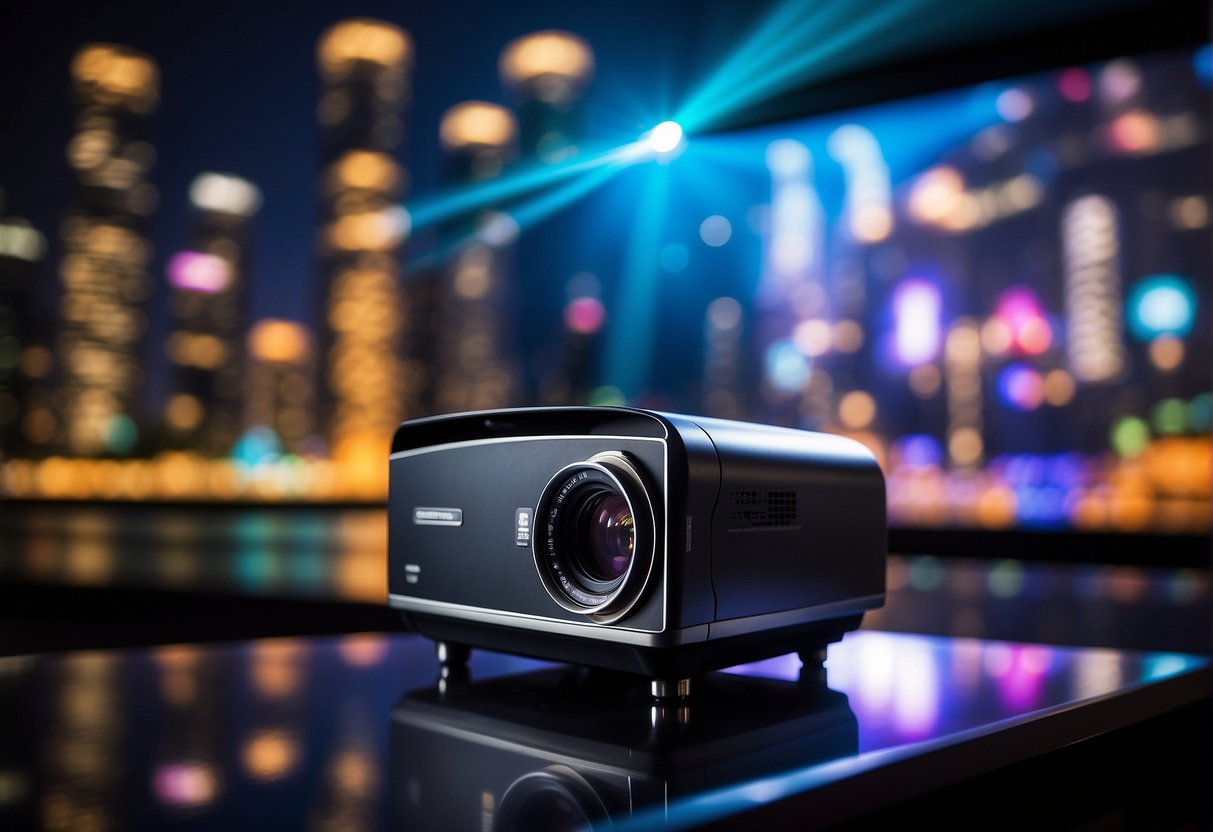 A projector displaying "Exclusive Offers for Business and Education" in a vibrant Singapore setting