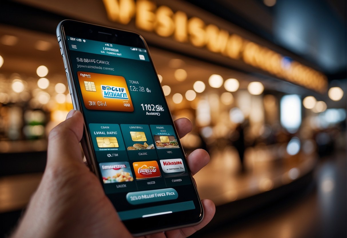 A hand holding a credit card with multiple cashback and discount offers displayed on a screen, surrounded by various shopping and dining logos