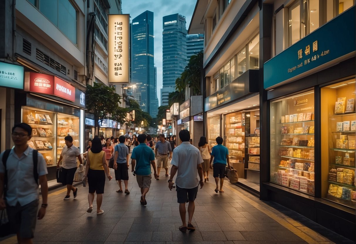 A bustling Singapore street with Rabeanco promotions displayed in shop windows and on billboards. Bright lights and colorful displays draw in passersby