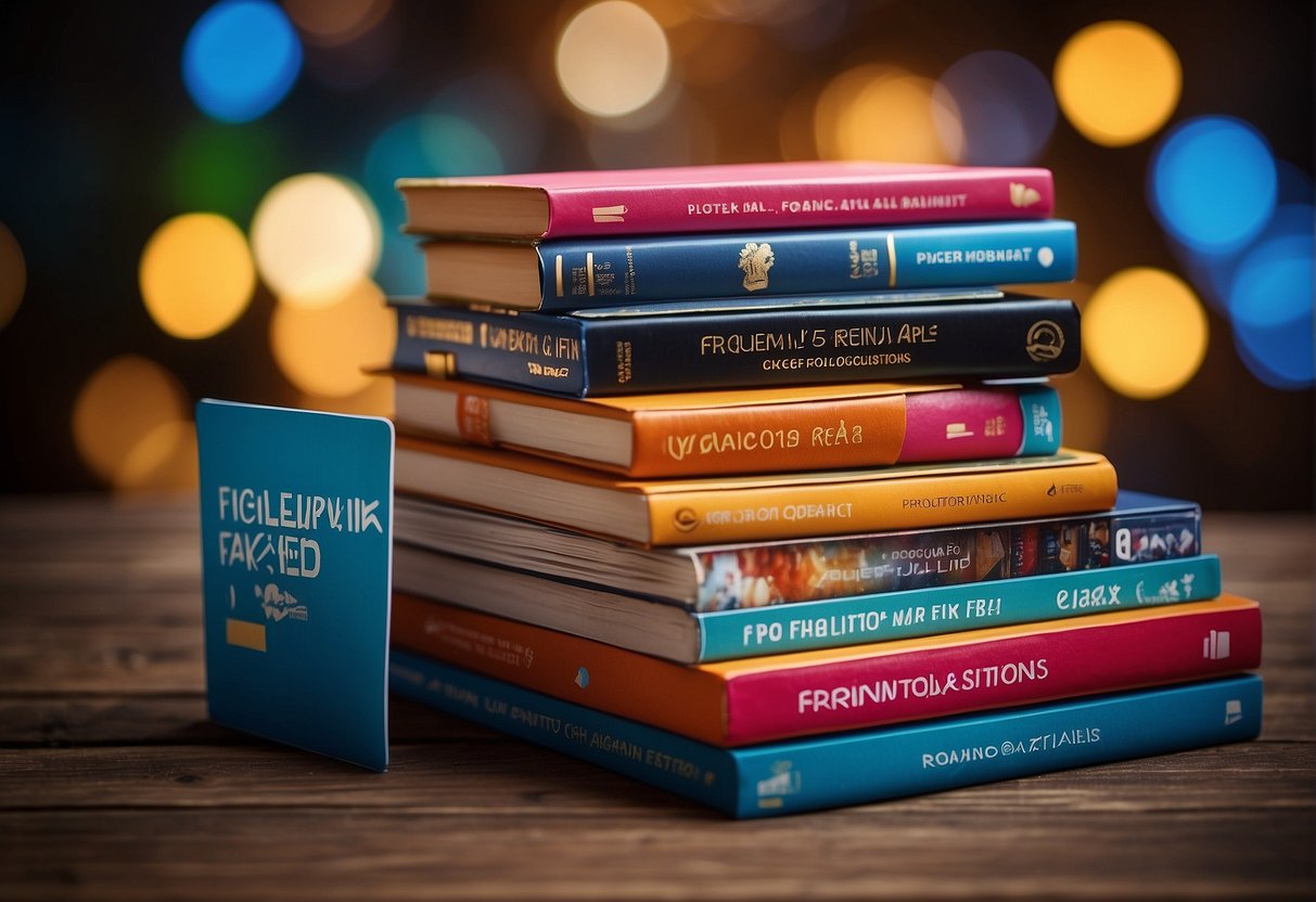 A stack of promotional materials with the words "Frequently Asked Questions" prominently displayed, surrounded by vibrant and eye-catching graphics