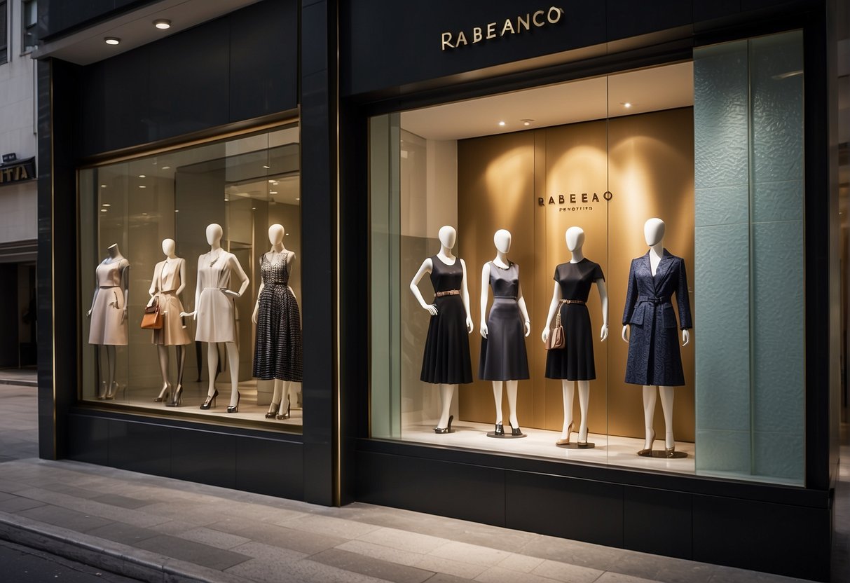 A sleek and modern store front with bold signage and elegant window displays showcasing the latest handbags and accessories from Rabeanco promotions in Singapore