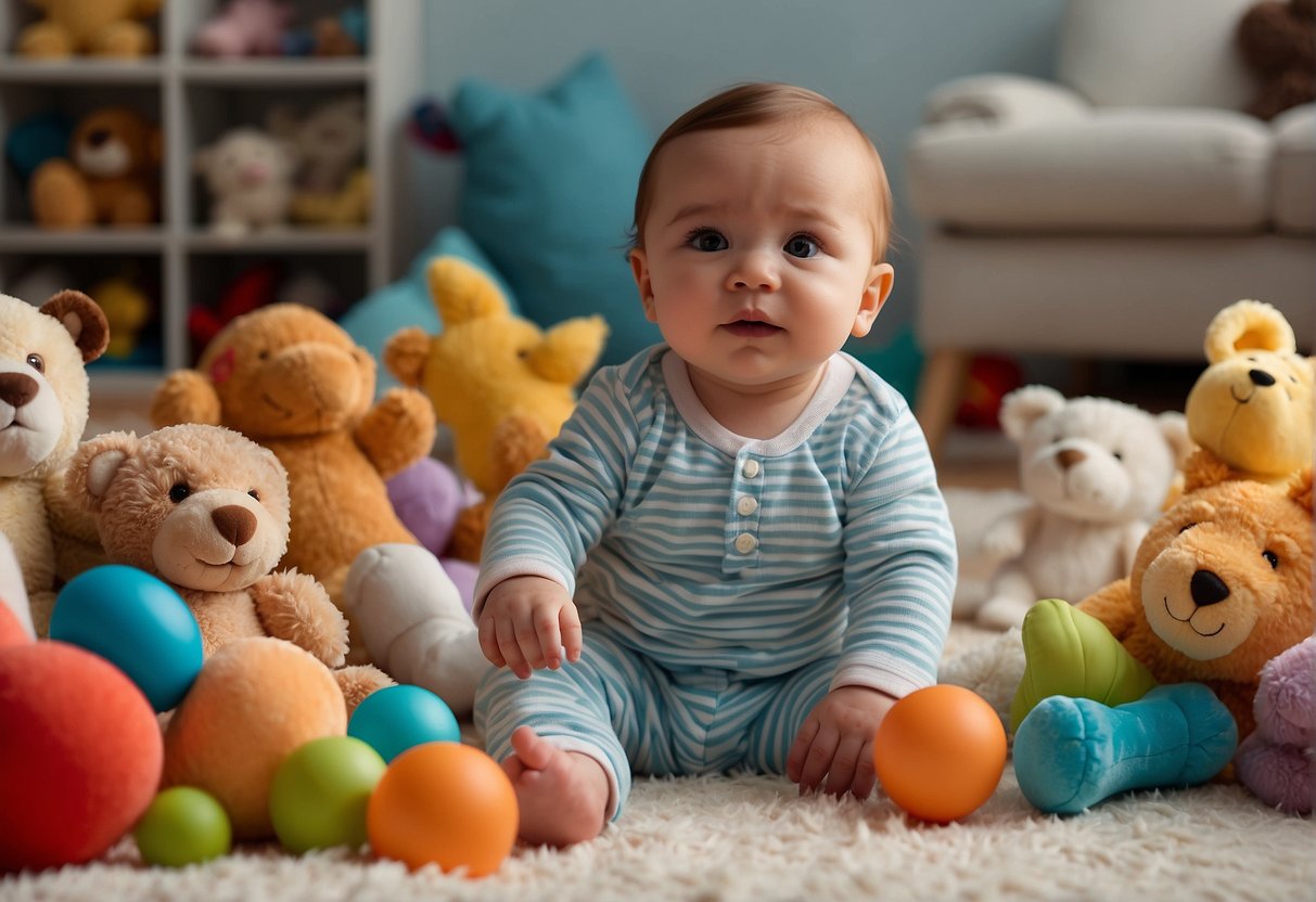 A 10-month-old sits surrounded by colorful toys, reaching out to grab and explore them. A soft blanket is spread out on the floor, and a stuffed animal is within reach for the baby to cuddle