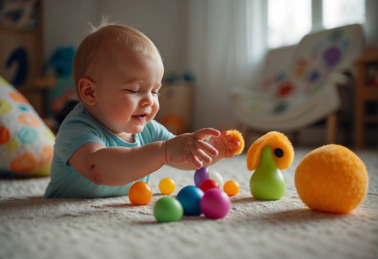 A 10-month-old grasping and manipulating soft, textured toys. Reaching for and exploring objects with different shapes and sizes. Engaging in finger painting or using a small brush to create colorful marks on paper