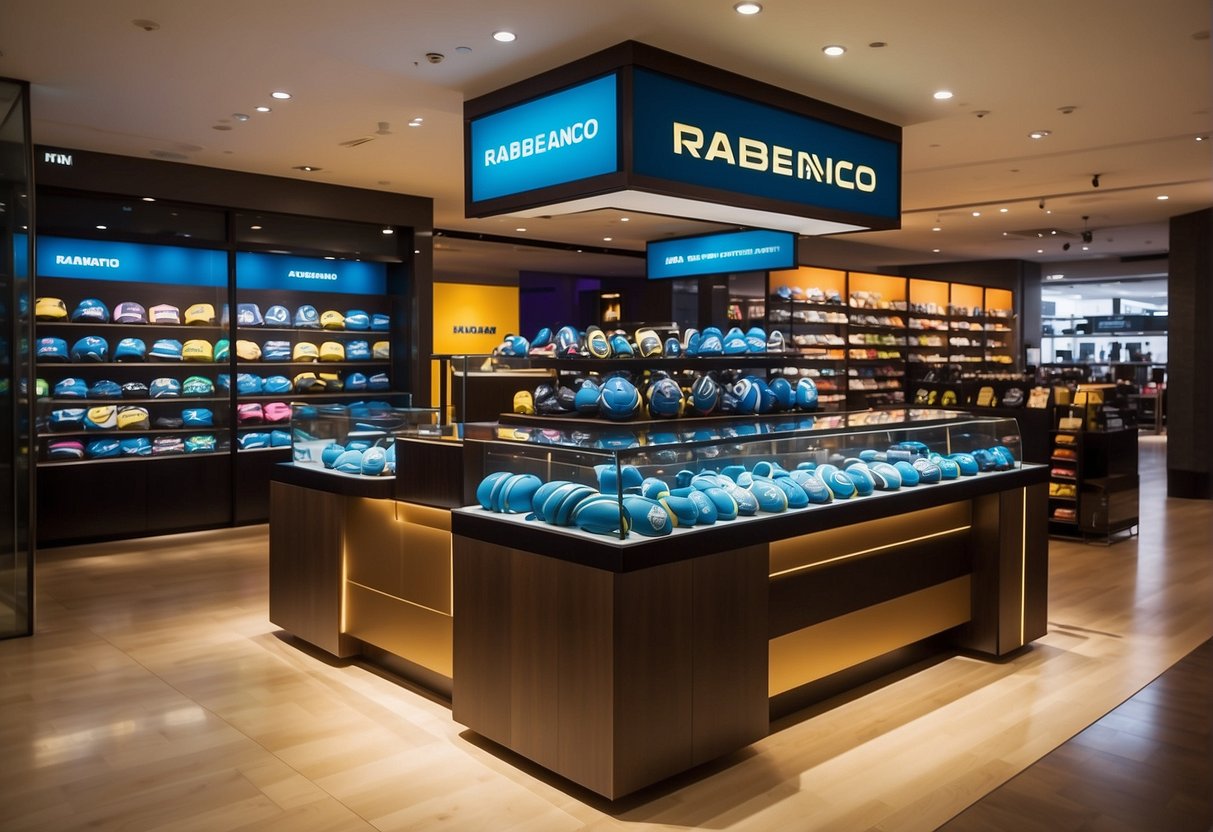 A vibrant display of exclusive sports brand promotions at Rabeanco in Singapore. Bright colors and bold signage draw in customers