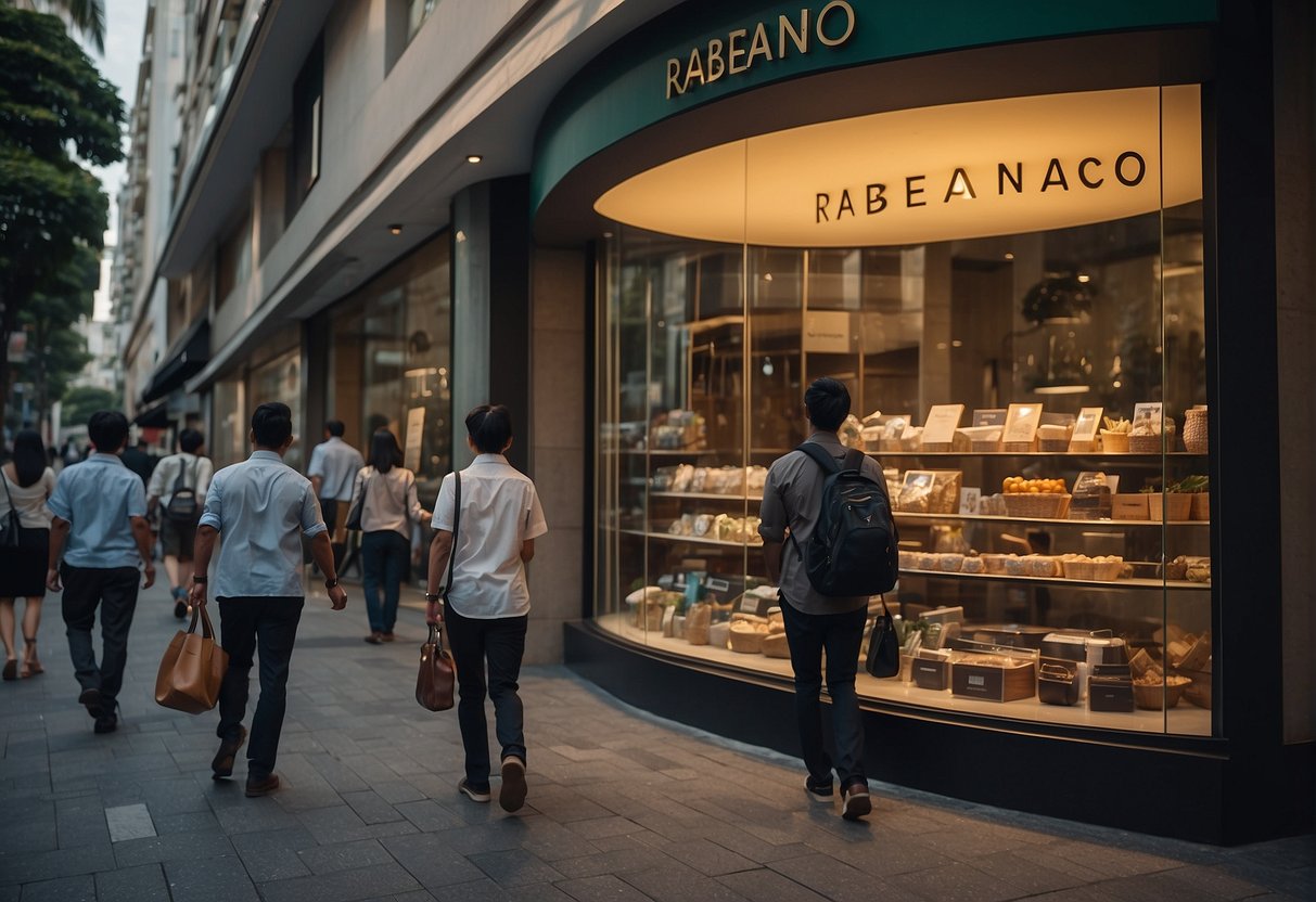A bustling city street with a prominent storefront displaying "Rabeanco Promotions Singapore." Pedestrians walk by, some pausing to look at the window display