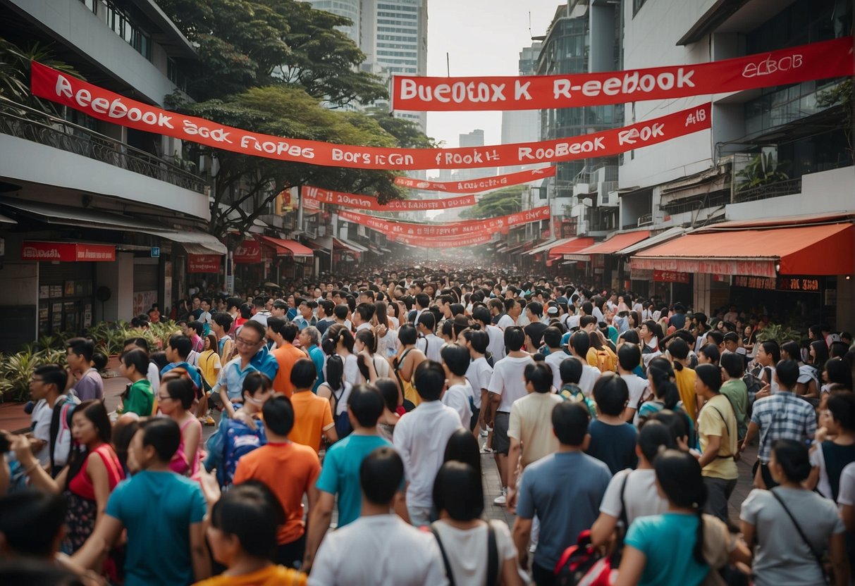 A bustling street in Singapore with vibrant Reebok promotions: colorful banners, enthusiastic crowds, and stylish athletic footwear on display
