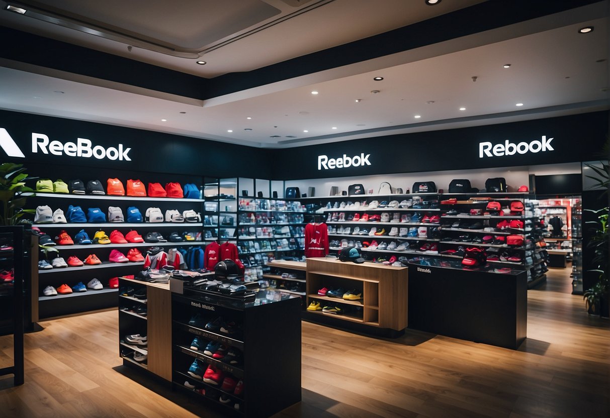 A vibrant display of Reebok products and signage at a busy Singapore retail store