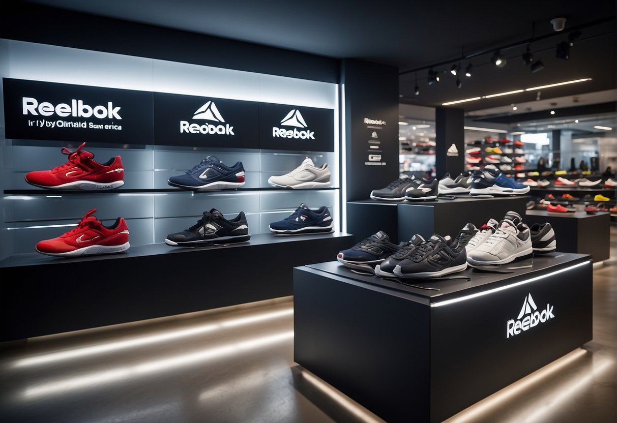 A display of exclusive Reebok footwear series in a sleek, modern setting with bold branding and promotional signage