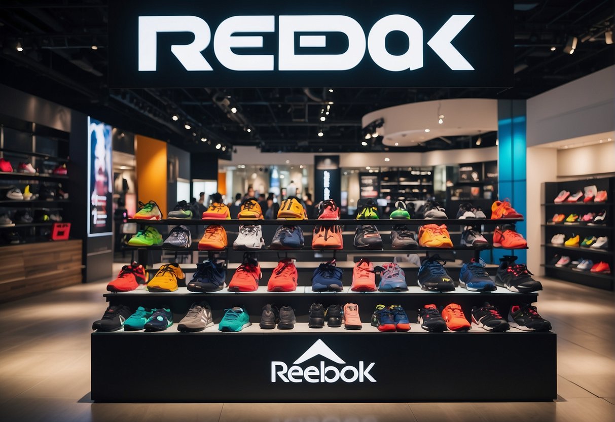 A colorful display of Reebok products with a prominent "Frequently Asked Questions" sign in a busy Singapore promotion area