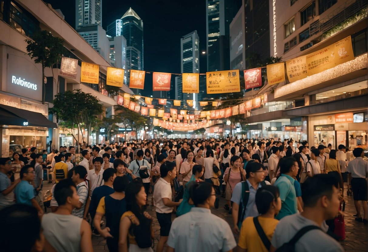 A bustling street in Singapore, with colorful banners and signs promoting Robinsons department store. Bright lights and excited shoppers fill the scene
