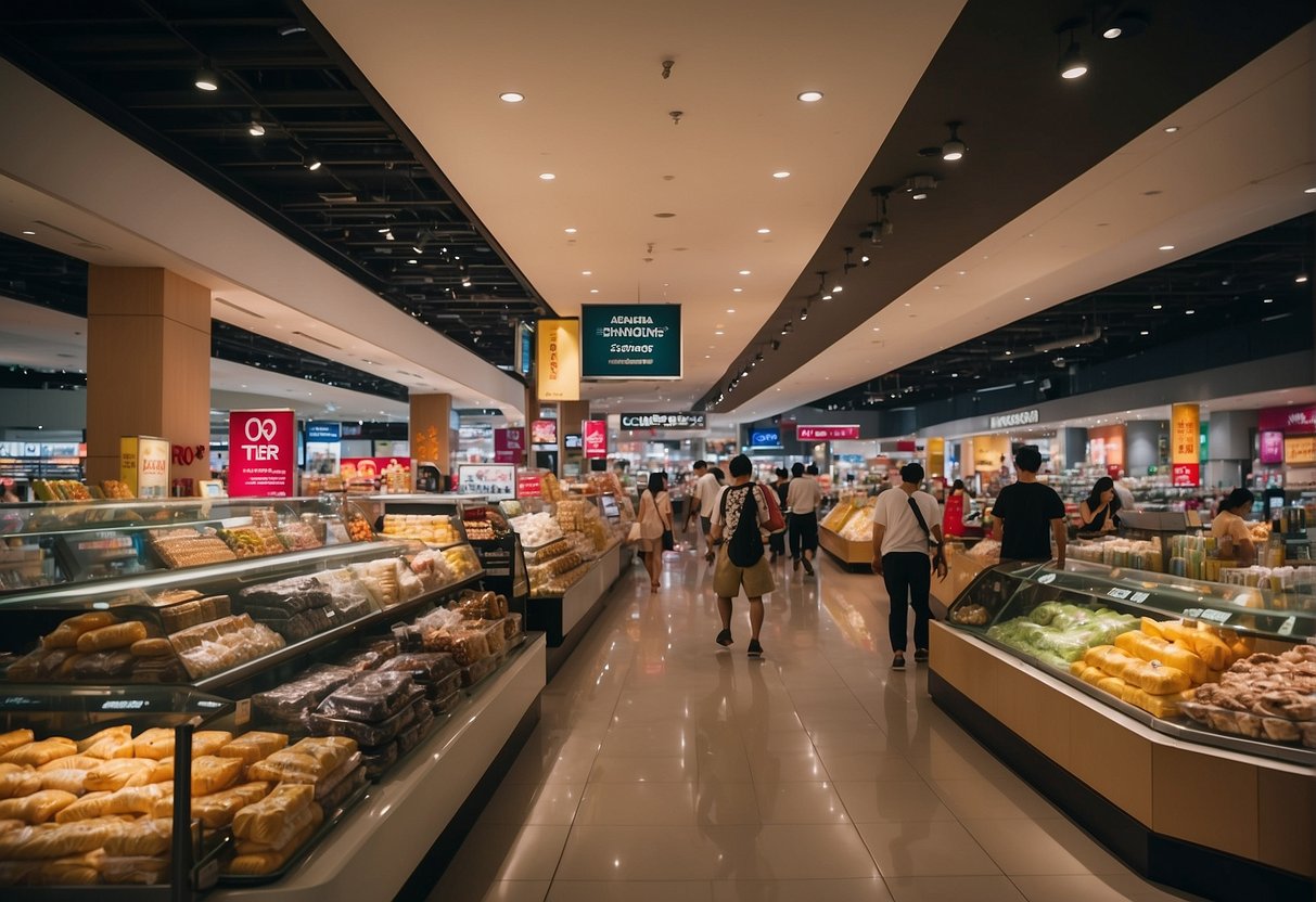 A vibrant display of discounted products at Robinsons Singapore, with prominent sale signs and excited shoppers browsing the aisles