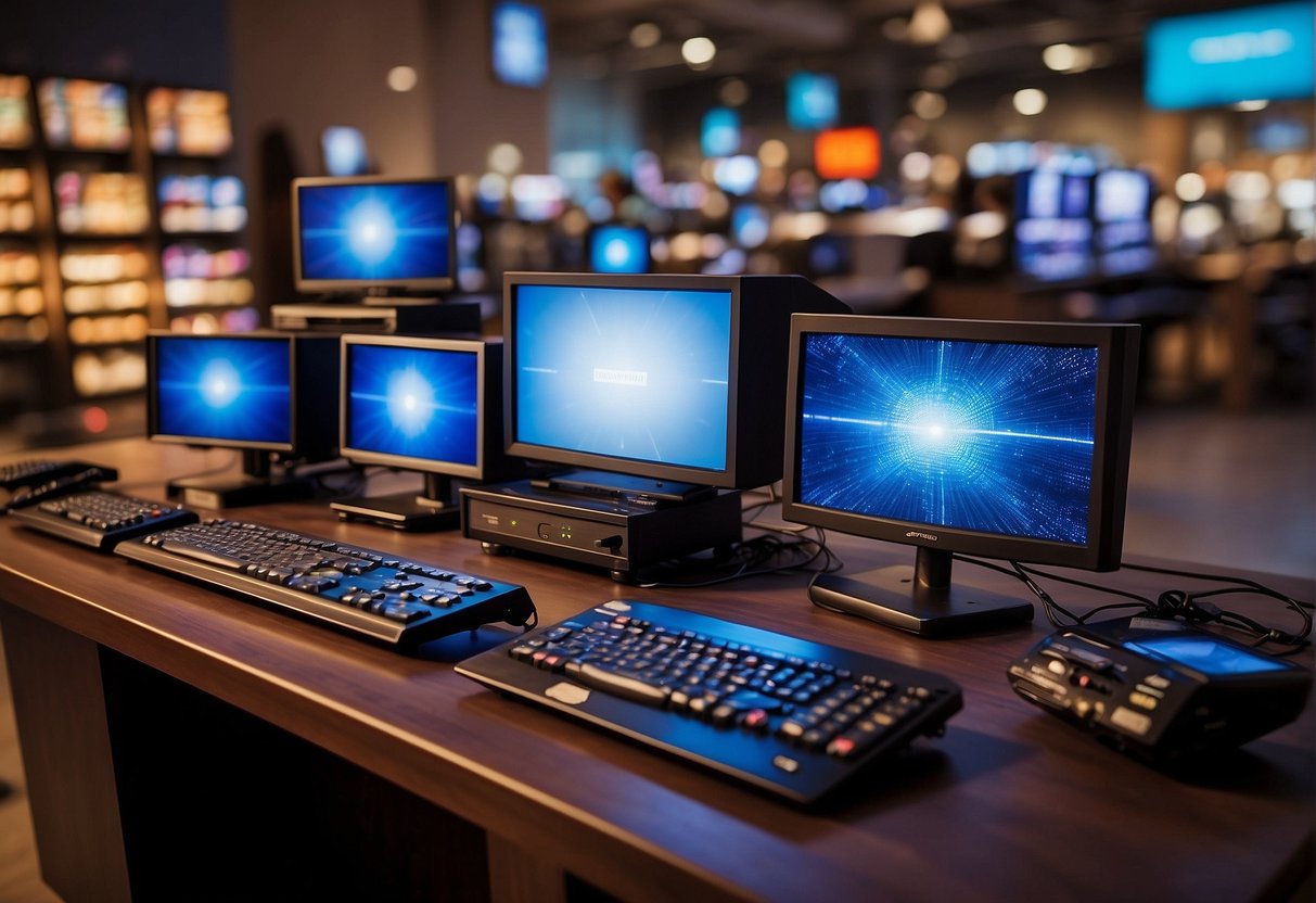 A vibrant display of electronic gadgets and household items with eye-catching price tags, surrounded by dynamic energy sparks