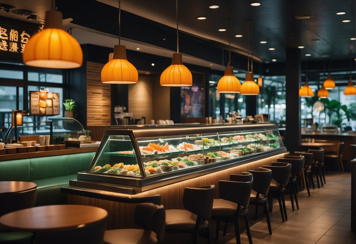 Colorful Sakae Sushi restaurant in Singapore with vibrant promotional displays and bustling atmosphere