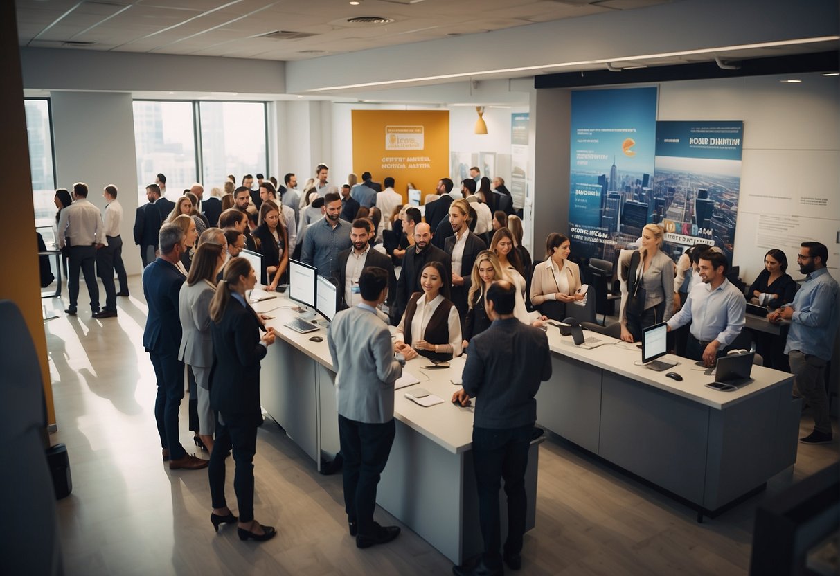 A busy office with people lining up at a promotional booth, staff answering questions, and promotional materials displayed