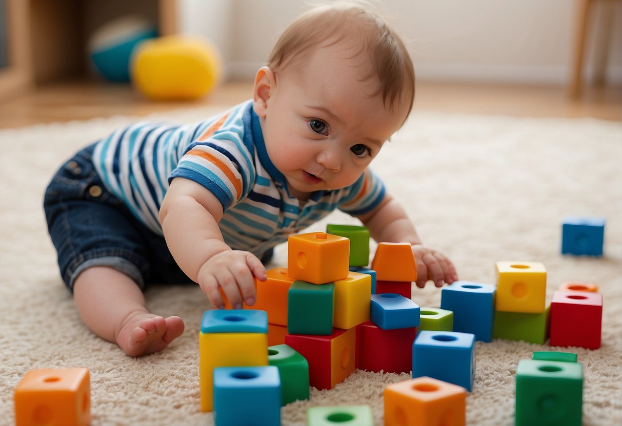 An 11-month-old plays with colorful blocks, explores sensory toys, and crawls around a safe, childproofed space