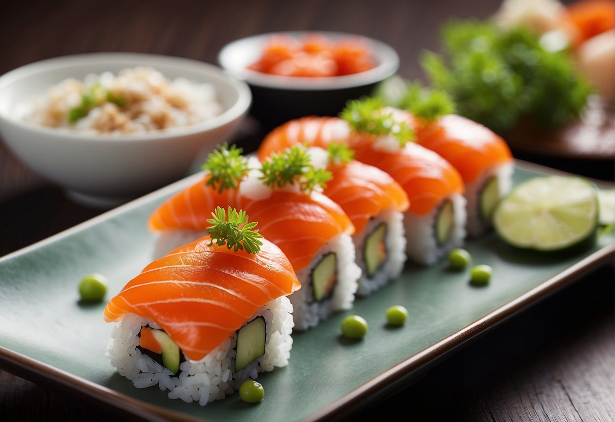 A colorful sushi spread with promotional banners and logo