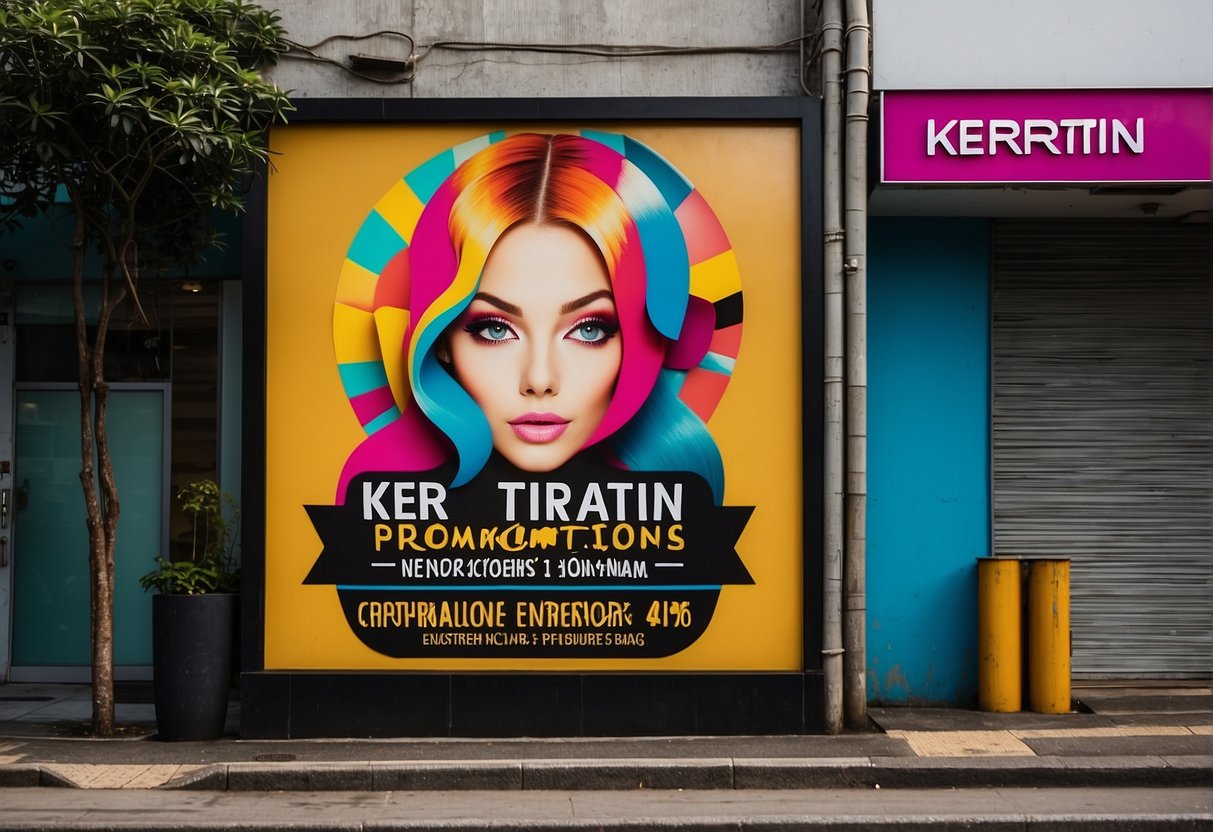 A salon sign advertises "keratin treatment promotions" in Singapore. The sign features bold, eye-catching lettering and vibrant colors to attract potential customers