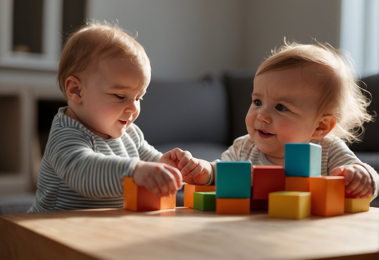 An 11-month-old playing with colorful blocks and babbling, while a caregiver engages in conversation and reads a board book