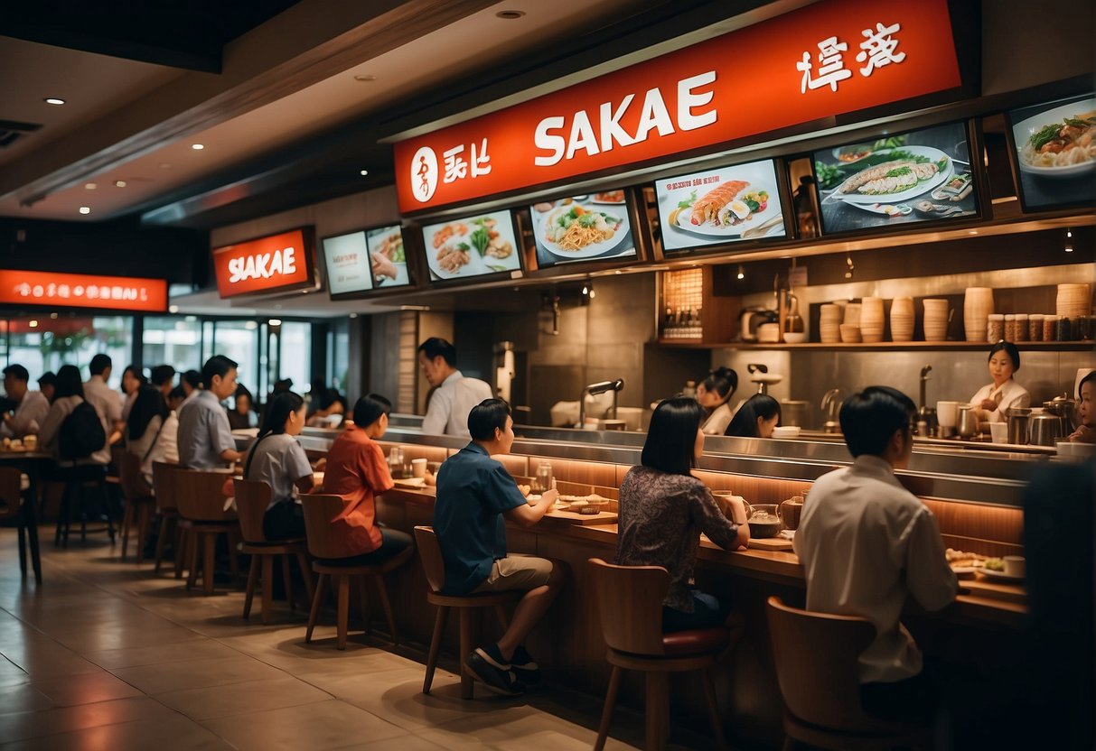 A busy restaurant with a prominent sign advertising "Sakae Sushi Promotions" in Singapore, with customers enjoying their meals and staff bustling around