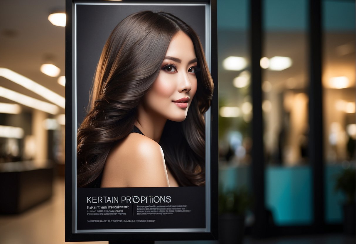 A vibrant salon poster displays "Keratin Treatment Promotions in Singapore" with sleek, shiny hair graphics