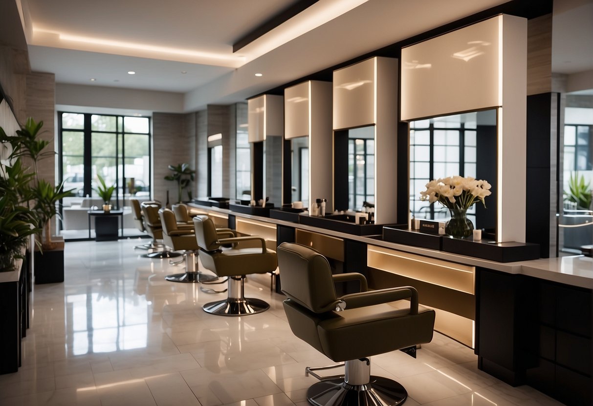 A sleek, modern salon with luxurious decor and a serene ambiance. Stylish clients enjoying keratin treatments and pampering services
