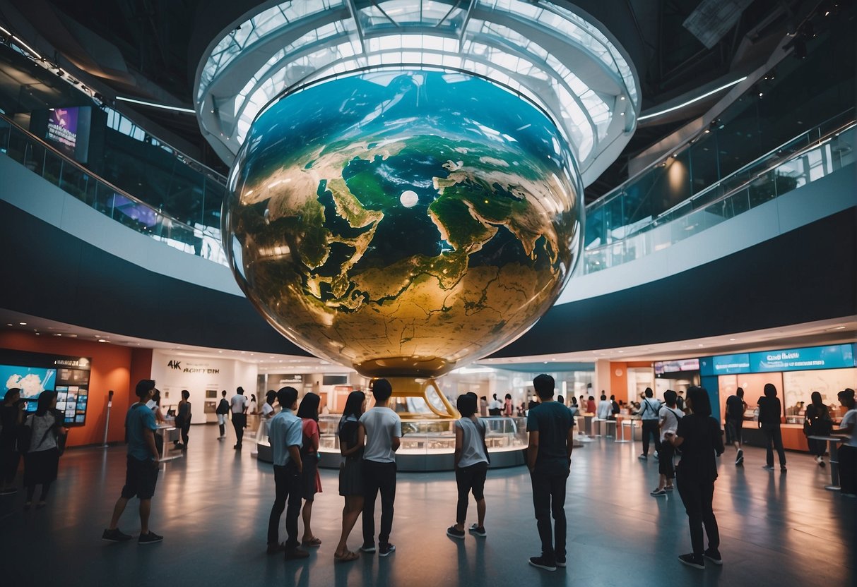 A bustling science centre in Singapore, with colorful banners, interactive exhibits, and excited visitors exploring hands-on displays