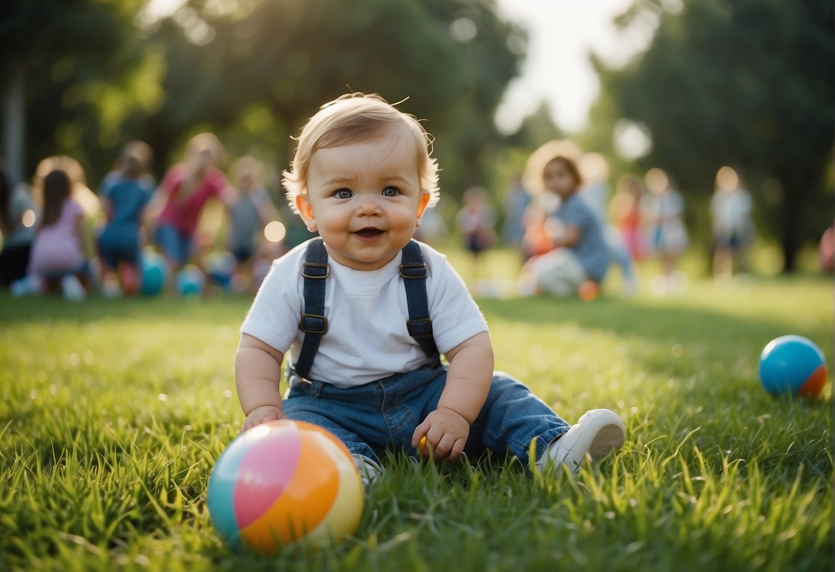 An 11-month-old playing with a colorful ball in a grassy park, surrounded by other children and caregivers engaged in various physical activities