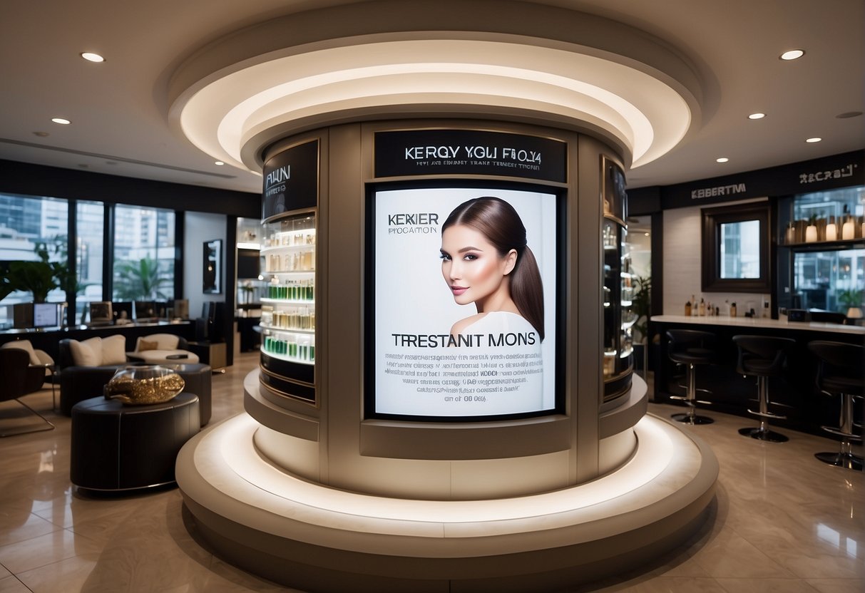A salon display board advertises "Frequently Asked Questions" about keratin treatment promotions in Singapore