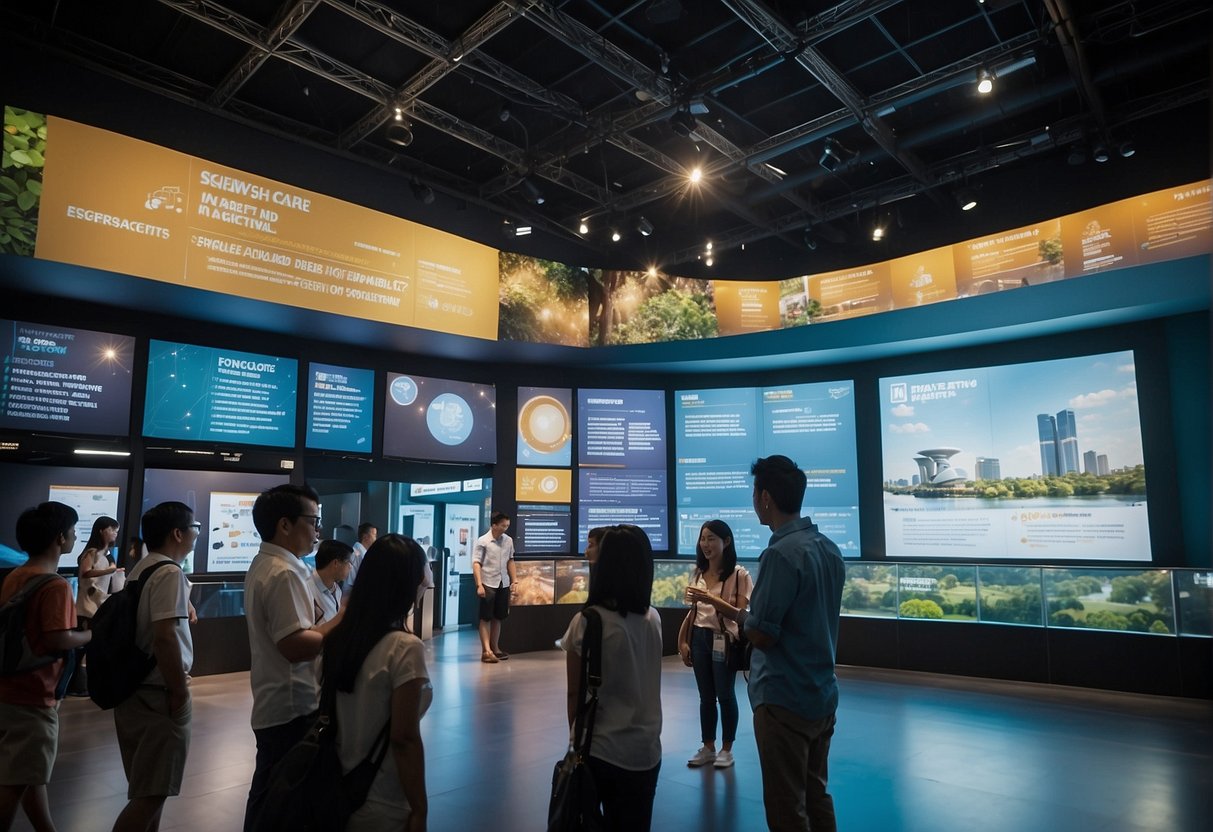 Visitors engage with interactive exhibits at the Science Centre, Singapore, while promotional banners and signs highlight special events and activities