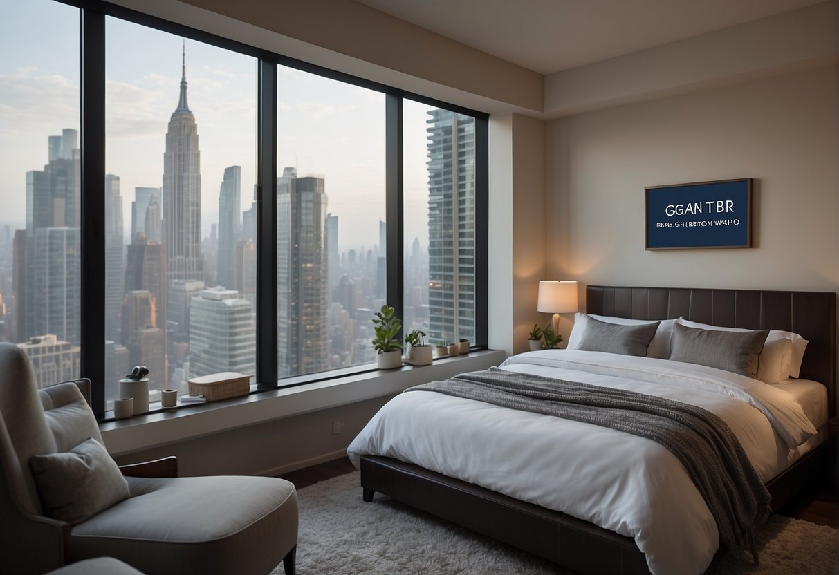 A cozy bedroom with a Serta mattress and pillows, adorned with promotional signage and a serene cityscape view through the window
