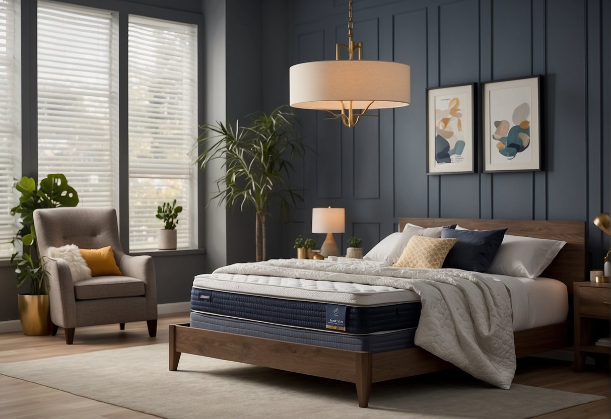 A cozy bedroom with a Serta® Perfect Sleeper mattress, adorned with promotional signage and surrounded by plush pillows