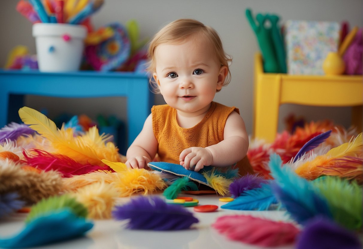 A 12-month-old surrounded by colorful, textured materials like feathers, fabric, and paper. A variety of safe, non-toxic art supplies are within reach on a low, child-friendly table