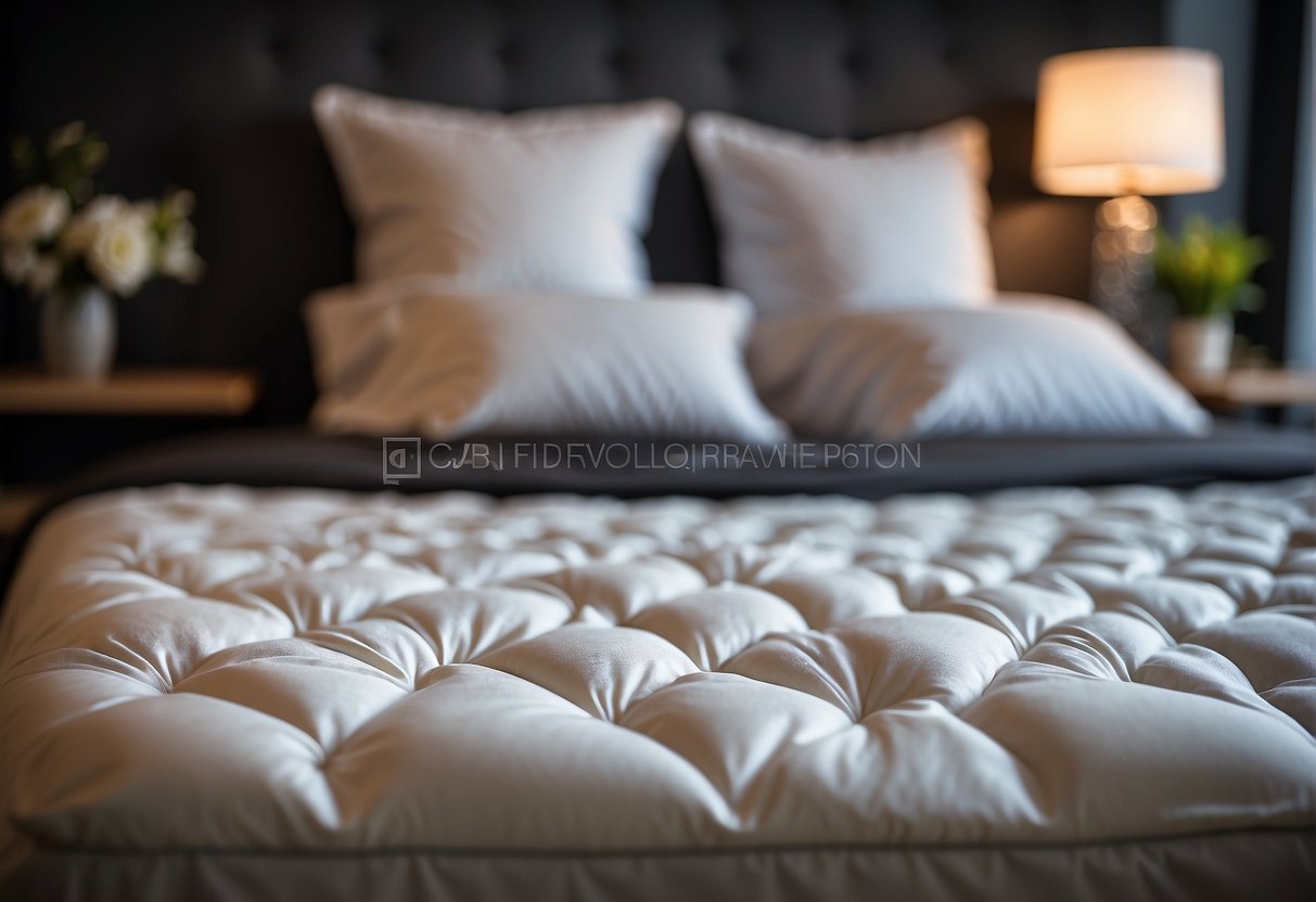 A luxurious mattress protector is showcased with promotional signage and exclusive deals, creating an inviting atmosphere for customers