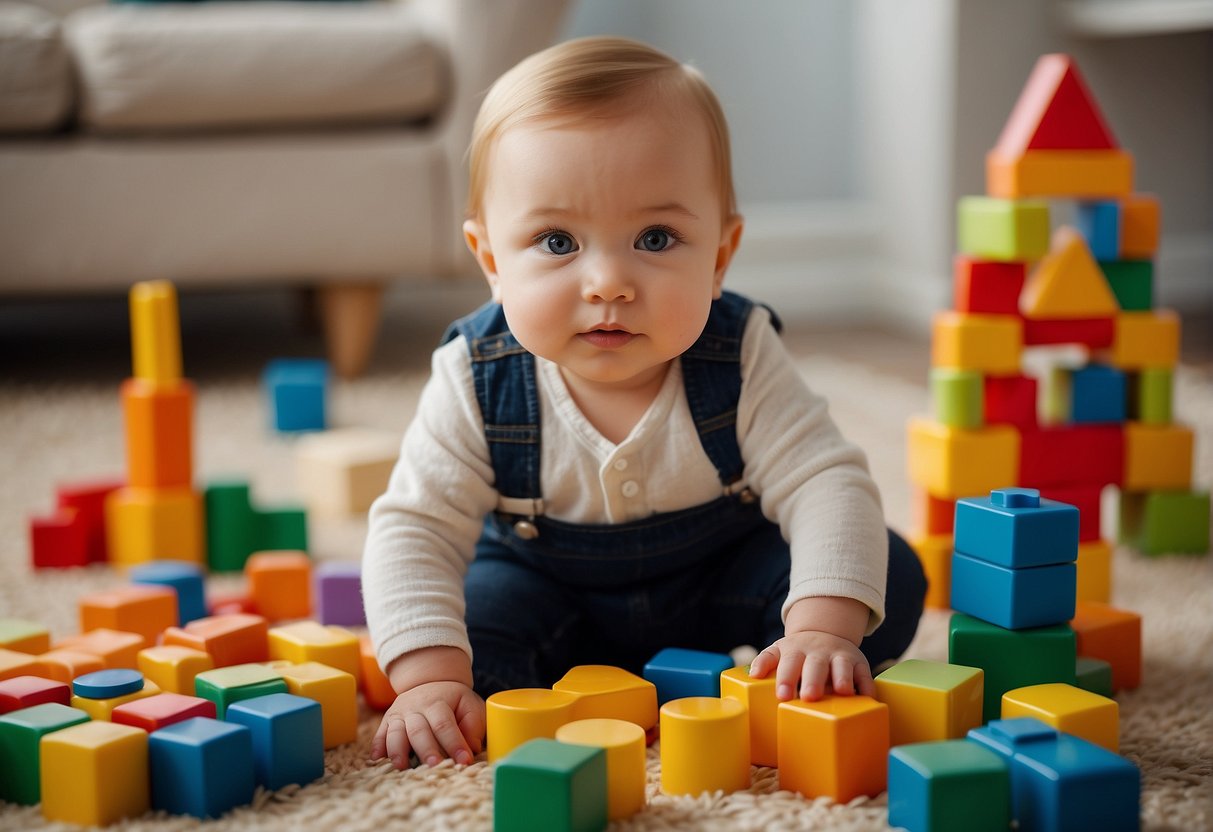 A 12-month-old child is sitting on the floor surrounded by colorful toys and blocks. They are reaching for objects, stacking blocks, and solving simple puzzles