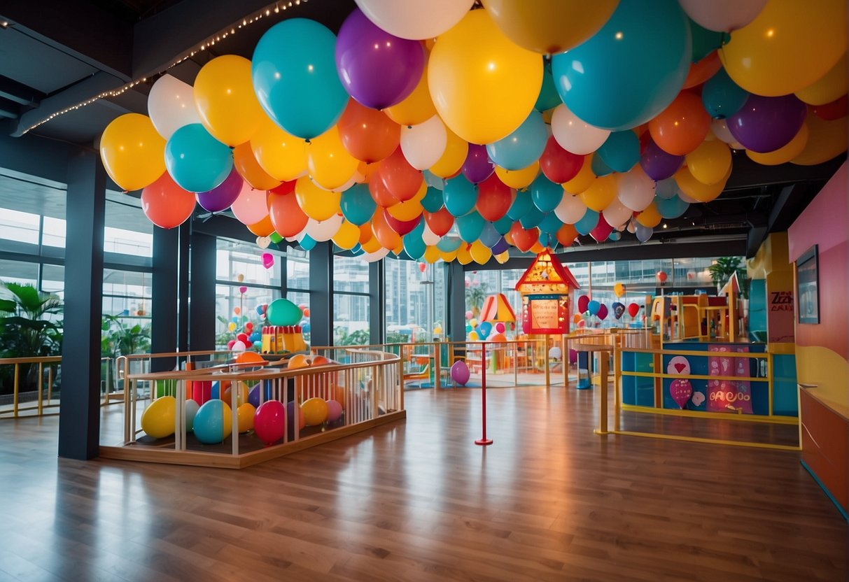 Colorful banners and balloons adorn the entrance of Kiztopia, a popular indoor playground in Singapore. The vibrant decorations create a festive atmosphere, enticing families to come and enjoy the promotions