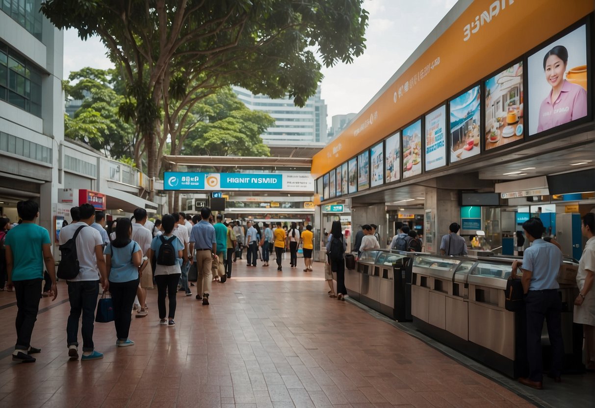 A busy tayo station in Singapore, with people lining up, colorful promotional banners, and a helpful staff member answering questions