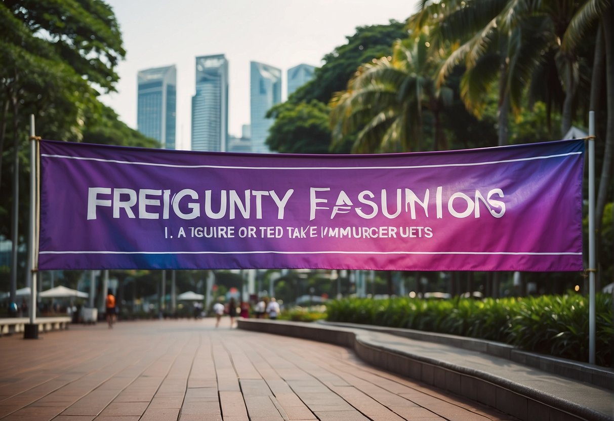 A colorful banner with "Frequently Asked Questions" and "Promotions" displayed, set against a backdrop of iconic Singapore landmarks