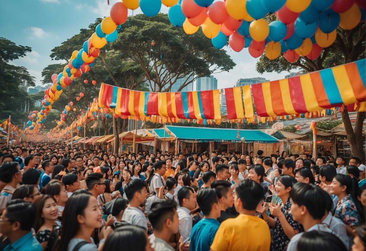 A colorful and lively scene at Kiztopia Promotions in Singapore, with vibrant banners and excited crowds