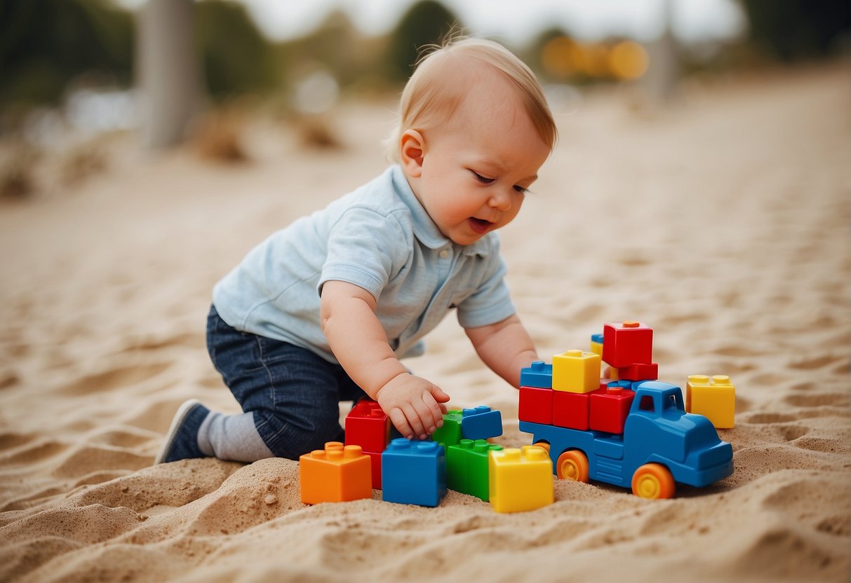 A 17-month-old playing with colorful blocks, pushing a toy car, and exploring sensory materials like water or sand