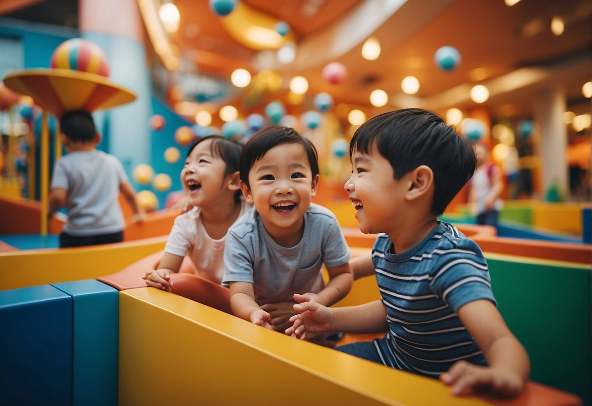Excited families explore colorful play areas at Kiztopia, with vibrant promotions displayed throughout the Singapore location