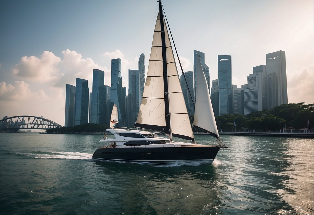 A luxurious yacht sails through the sparkling waters of Singapore, with promotional banners fluttering in the breeze