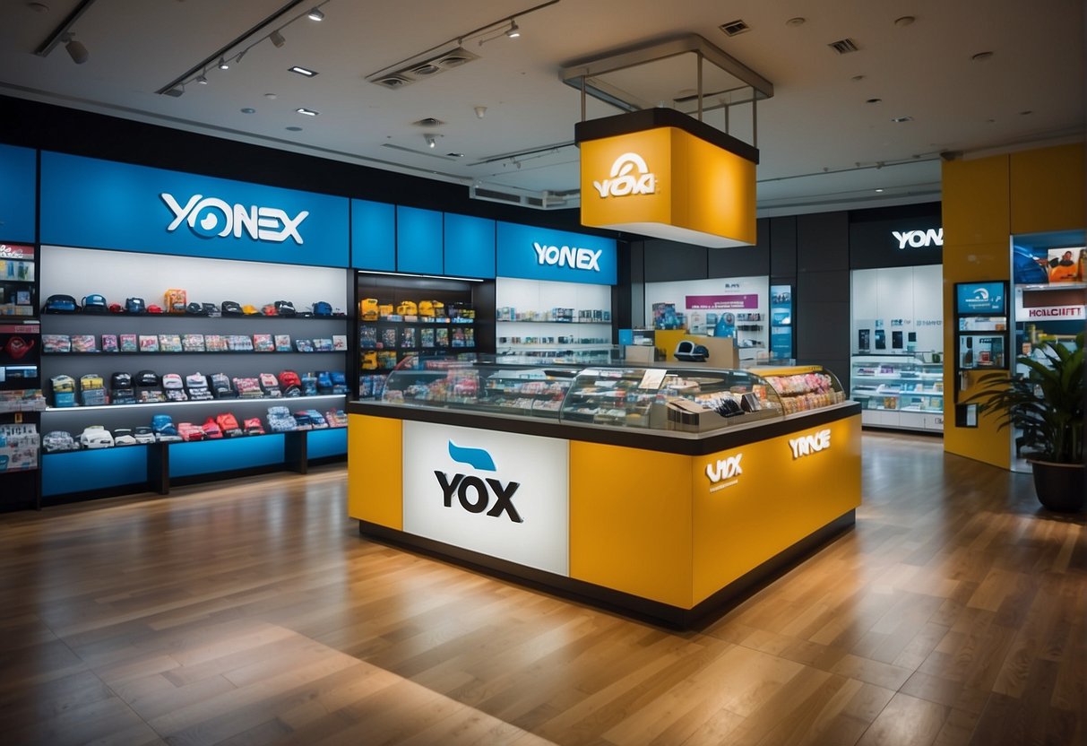 Brightly lit Yonex store in Singapore, with eye-catching promotional displays and products. Vibrant colors and clean, modern design