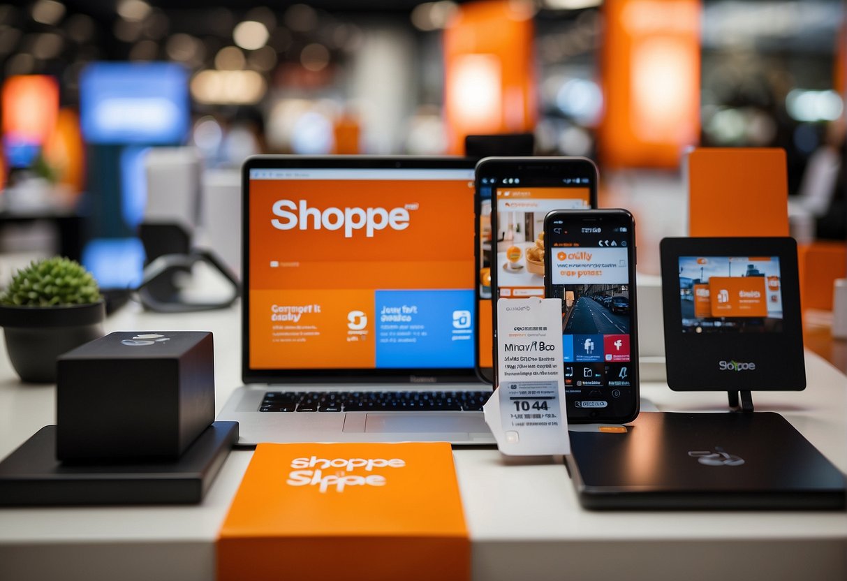A colorful display of Shopee promotions in Singapore, featuring various products and discounts
