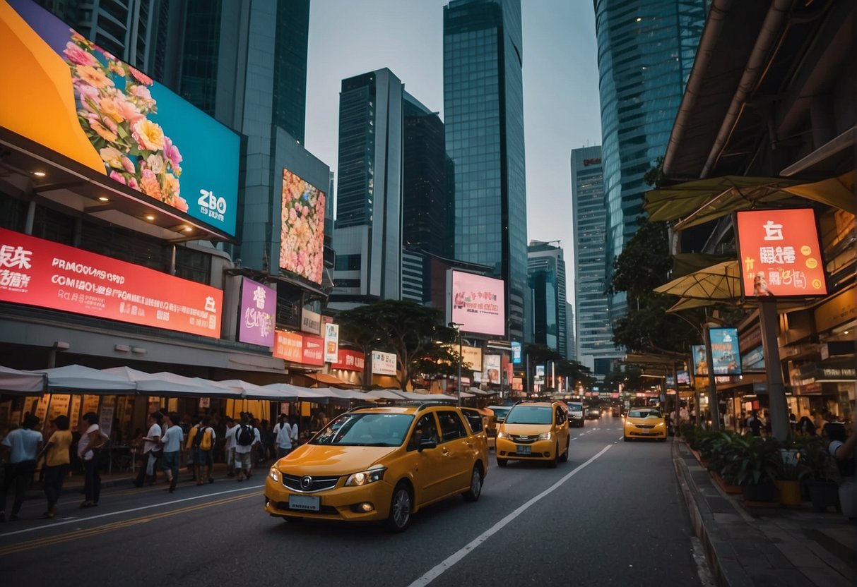 A bustling city street in Singapore adorned with colorful banners and signs for "zero1 promotions." Tall buildings and busy traffic complete the urban scene