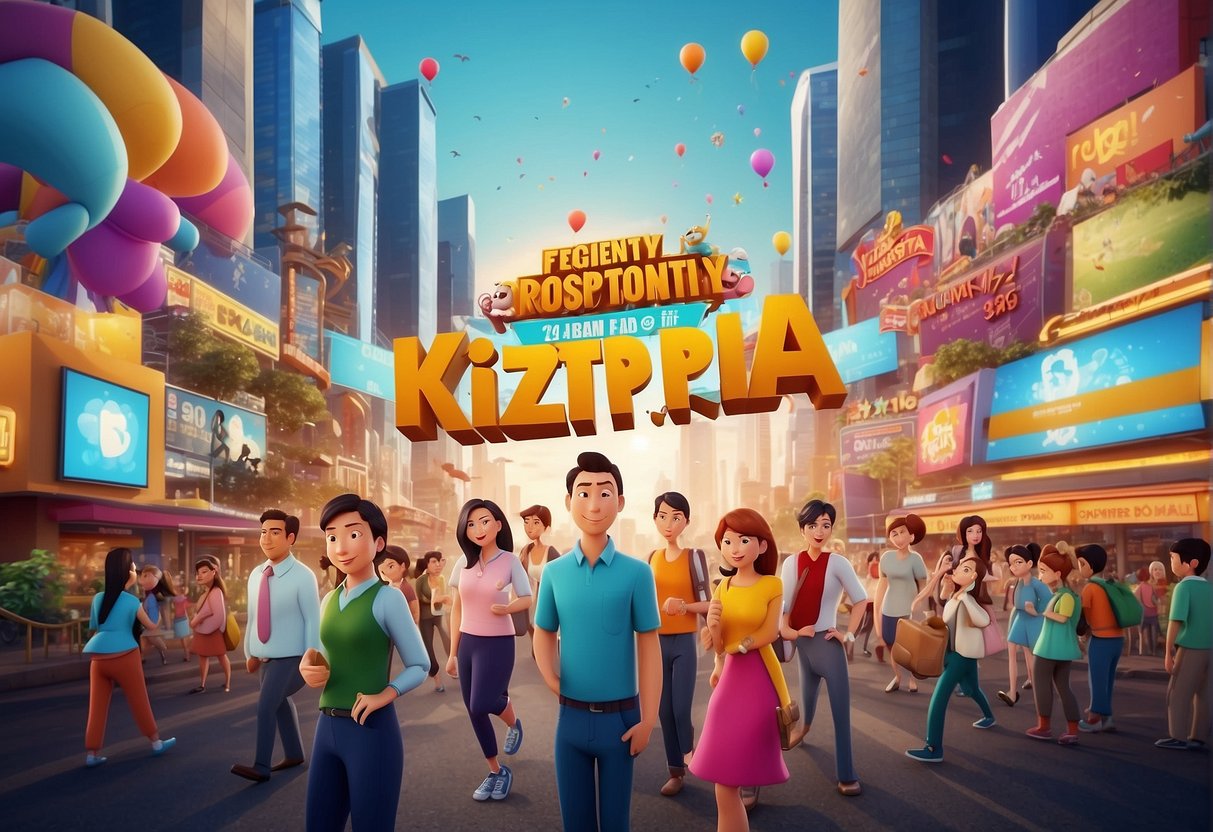 A colorful banner with "Frequently Asked Questions kiztopia promotions Singapore" displayed, surrounded by playful cartoon characters and vibrant graphics